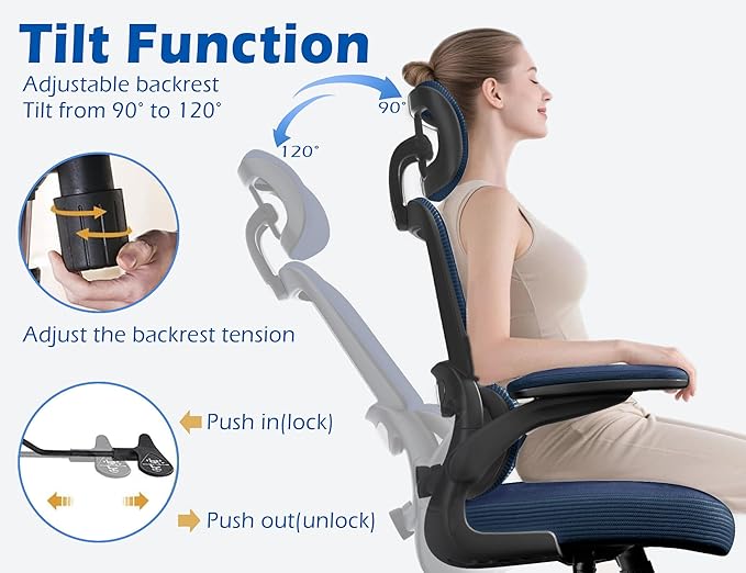 TRALT Ergonomic Office Chair - Desk Chair with Adjustable Headrest Lumbar Support Computer Chair - Mesh Comfy Chair with Flip-up Armrests - Gaming Chairs for Adults Home Office (Leather, Navy Blue)