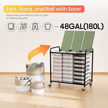 180L (47.55 Gal) Laundry Sorter 3 Section, Rolling Laundry Basket with Lockable Wheels and Lid, Laundry Hamper with 3 Separated Removable Bags Dirty Clothes Hamper for Laundry Room Organizer, Green