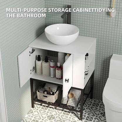 Modern Floor-Standing Bathroom Vanity with Ceramic Vessel Sink, 24 Inch White Wood Storage Cabinet with Black Steel Base, Minimalist Design Easy Assembly for Small Bathrooms