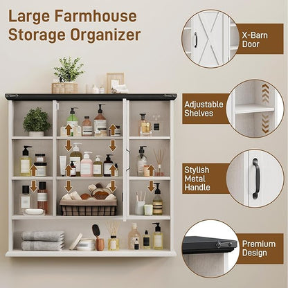 Bathroom Wall Cabinet, Farmhouse Medicine Cabinet with Adjustable Shelves and Barn Doors, Large Wall Mounted Over the Toilet Storage Cabinet for Bathroom, Laundry Room, Kitchen, Rustic White and Black