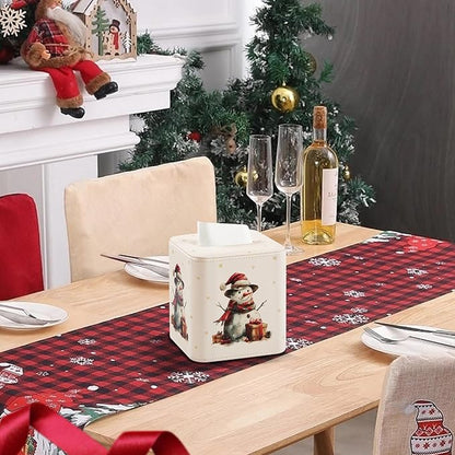 MEIBOOCH PU Leather Tissue Box Cover with Magnetic Closure, Square Tissue Box Holder with Rounded Edges Design (Snowman, Square)