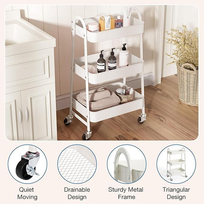 OLIXIS Metal 3 Tiers Utility Rolling Cart, Mobile Storage Shelf with Lockable Caster Wheels, Organization for Livingroom, Bathroom & Narrow Places, White