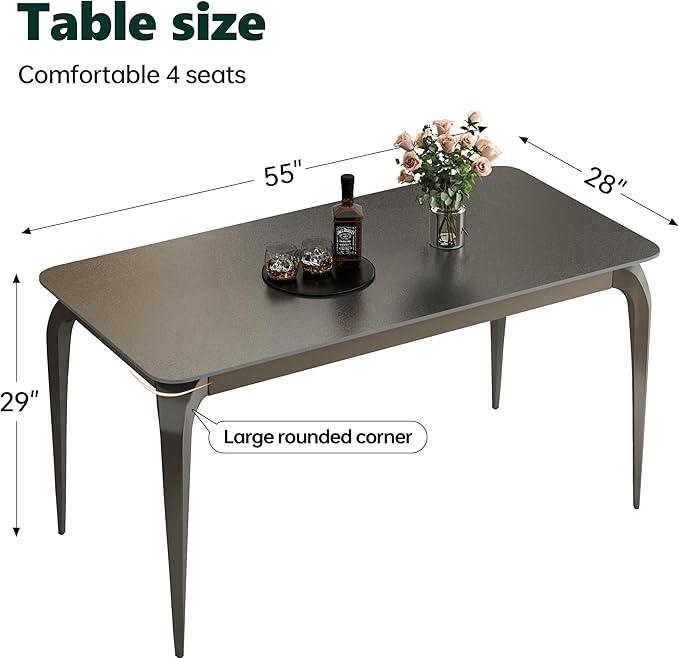 Dining Table, Sintered Stone Kitchen Table, 55'' Black Modern Rectangular Slate Patio Table with Metal Legs, Indoor Outdoor Stone Dining Table for Patio, Backyard, Scratch and Heat Resistant