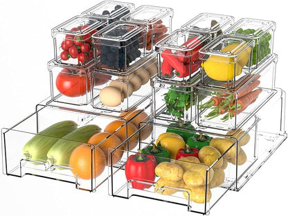 14Pack Fridge Organizer Bins, Clear Refrigerator Organizing Containers with Lids and Refrigerator Drawers, Stackable Food, Vegetable and Fruit Containers for Fridge Organizers and Storage