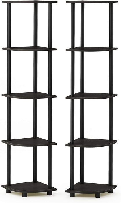 Furinno TURN-N-TUBE Corner Shelf Set of 2, 5-Tier Corner Bookshelf, Open Storage Shelves, for Organization and Storage, Living Room, Home Office, Garage, Espresso