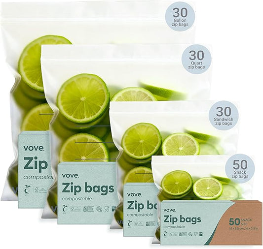 Vove Compostable Storage Bags 140 Ct Multi-Size (S/M/L/XL) – PFAS-Free, BPI Certified, Freezer Safe with Airtight Seal for Food & Meal Prep, Plant-Based