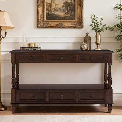 Vintage Solid Wood Console Table with 6 Drawers - 54" Hallway Sofa Table with Bottom Shelf for Entrance, Living Room & Foyer, Espresso