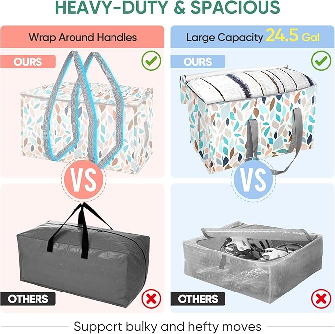 BALEINE 4-Pack Oversized Moving Bags with Reinforced Handles, Heavy-Duty Storage Tote for Clothes, Moving Supplies (Mosaic, 4-Pack)