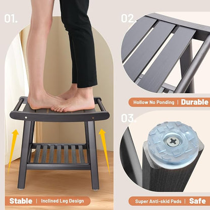 Bamboo Shower Bench Stool, Shower Chair for Inside Shower with 2-Tier Storage Shelf, Waterproof Shower Seat for Shaving Legs, Spa Bathroom Shower Bench-Grey