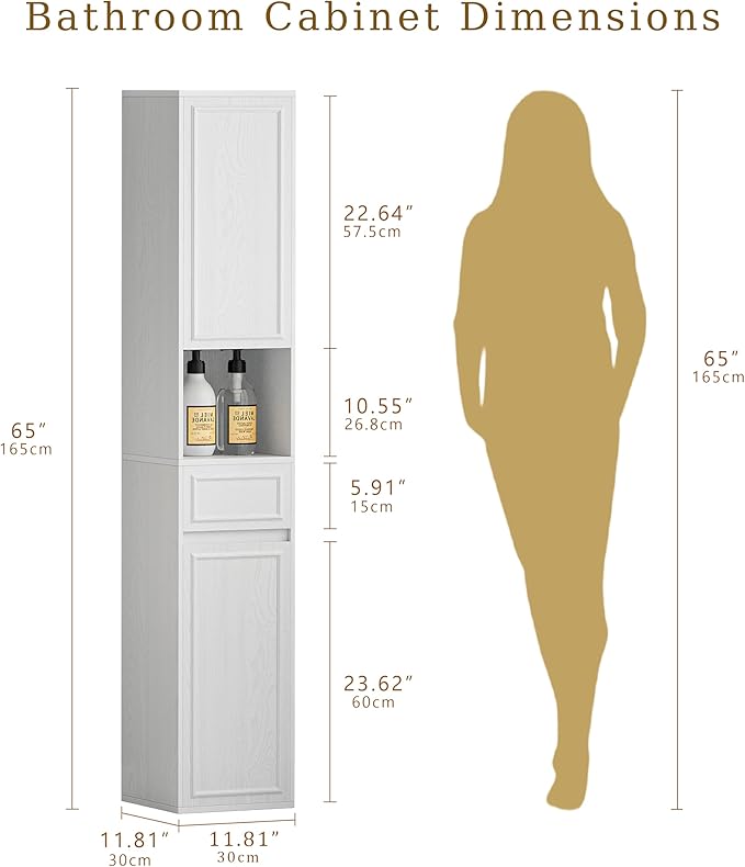 Tall Bathroom Storage Cabinet, Wall Mounted or Floor Mounted,Narrow Slim Wall Cabinet with 2 Door, 1 Drawer, Open Shelf for Living Room, 11.81" D x 11.81" W x 65" H (Embossed White, 1 PCS)