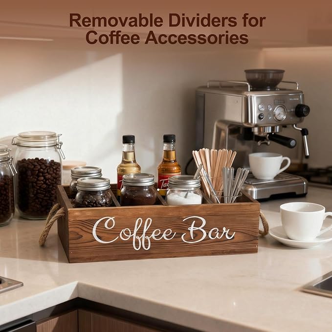 QUALLON Coffee Station Organizer with Small Removable Dividers, Wooden Coffee Bar Accessories Storage For Countertop, Farmhouse Kcup Coffee Pod Holder Basket With Handle For Coffee Lover
