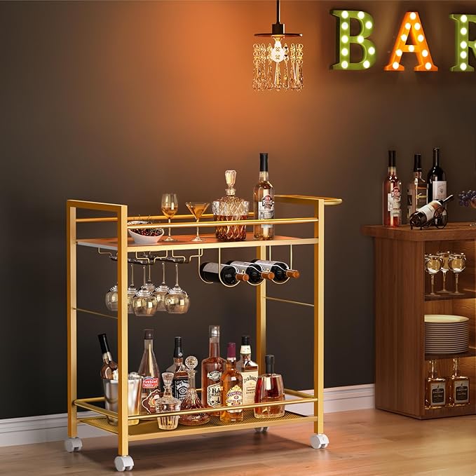 Bar Cart,Home Bar Serving Cart with Storage Shelves, 2 Tier Rolling Beverage Cart with Wheels, Modern Flowing Gold Wine Cart with Wine Rack and Glass Holder for Kitchen, Dinning Room,Living Room