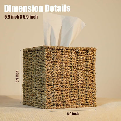 Set of 2 Seagrass Handwoven Wicker Tissue Box Cover, Natural Handmade Napkin Box Holder, Handcrafted Square Facial Tissue Holder for Bathroom, Rustic Decorative on Table and Bathroom,Boho Decorative