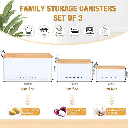 Honeydak 3 Pcs Metal Storage Box with Lid Nesting Farmhouse Storage Bins for Kitchen Pantry Bathroom Living Room Office, Aerating Produce Keeper & Countertop Organizer Set(White)