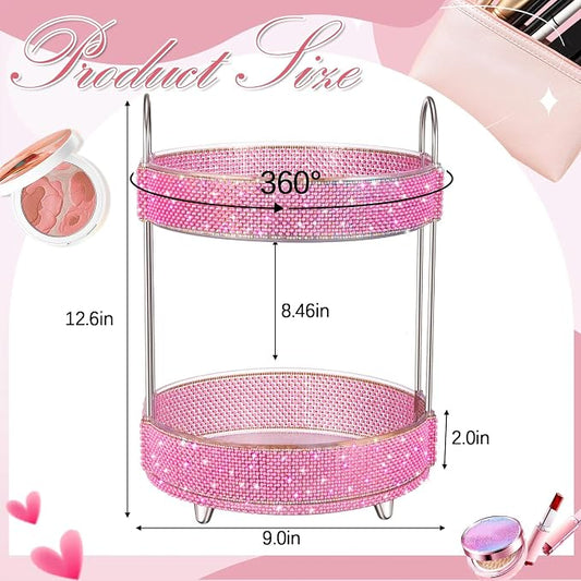 Honeydak 360 Rotating Perfume Organizer Gift for Women, Rhinestone Preppy Skincare Organizer Bathroom Counter Makeup Holder Skincare and Perfume Storage for Cosmetic(2 Tiers,Pearl,Pink)