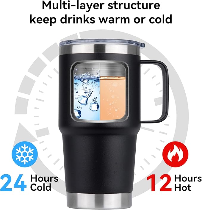 20oz Tumbler Bulk with Lid, Stainless Steel Tumbler Bulk with Handle, Metal Insulated Travel Coffee Mug Set with Handle, Double Wall Vacuum Leak Proof Tumbler Cup, Black 6 Pack