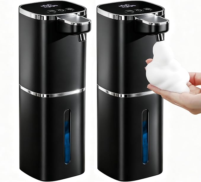 2 Pack Automatic Foaming Soap Dispenser, 13.5oz/400mL, USB Rechargeable,9- Adjustable Foam Levels, IPX5 Waterproof, Touchless & Wall/Tabletop Use for Kitchen Bathroom, Black