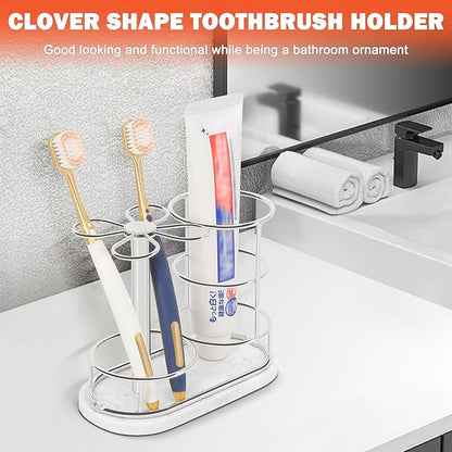 Toothbrush Holder Stand for Bathroom, Metal Toothbrush Organizer with Marble Base, Toothbrush Storage Collection for Family, Suitable for Home Hotel Countertop Vanity (Medium, Chrome Finish)