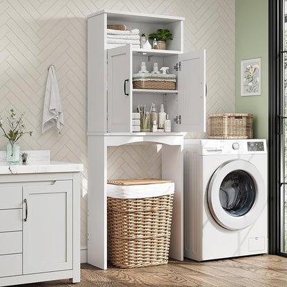 Over The Toilet Storage Cabinet, Over Toilet Bathroom Organizer with Adjustable Shelf and Double Doors, Space Saver Shelf Above Toilet Storage Cabinet (White)