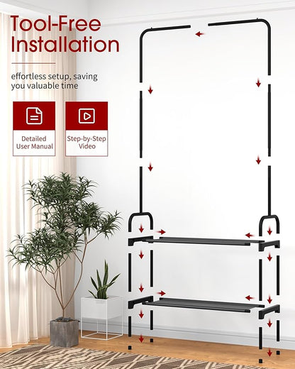 Clothes Rack - Clothing Rack with 2-Tier Shoe Rack and Anti-Slip Stopper, Shoe Organizer for Entryway, Bedroom, or Laundry, Black, 29" × 12.2" × 59.3"