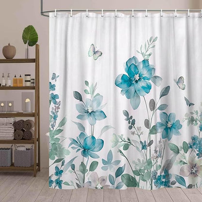Turquoise Blue Floral Shower Curtain, Turquoise Blue Lavender Floral Butterfly Boho Shower Curtains for Bathroom, Farmhous Flower Cute Fabric Shower Curtain Set with 12PCS Hooks, 70X85IN