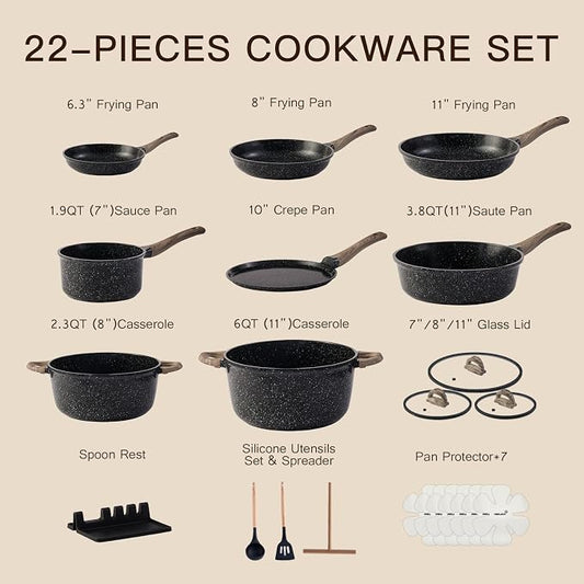 USELUCK Pots and Pans Set Nonstick 22 Pcs, Ceramic cookware set Non-Toxic Coating Inky Granite Kitchen Cookware Set, Induction Kitchen Cooking Set w/Frying Pans & Glass Lids, PFOS & PFOA Free