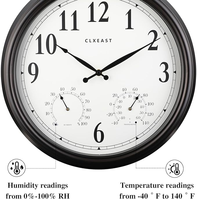 CLXEAST Outdoor Clocks for Patio Large Waterproof with Thermometer,18 inch Outdoor Wall Clock with Temperature and Humidity Combo,Weatherproof,Oil Rubbed Bronze
