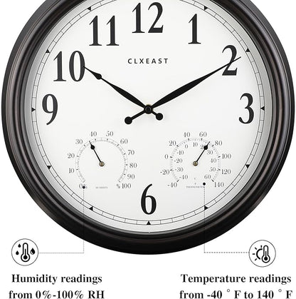 CLXEAST Outdoor Clocks for Patio Large Waterproof with Thermometer,18 inch Outdoor Wall Clock with Temperature and Humidity Combo,Weatherproof,Oil Rubbed Bronze