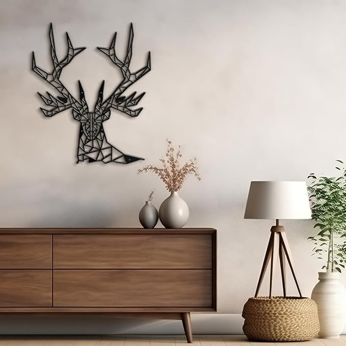 SIGNLEADER Metal Wall Art Decor Geometric Deer Head Modern Abstract Wall Sculpture Hangings Home Decoration for Living Room, Bedroom, Bathroom, Kitchen, Outdoor - 24" Black