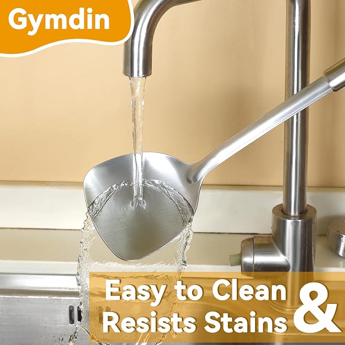 Gymdin Stainless Steel Kitchen Cooking Utensils Set of 7 - Kitchen Utensils with Hanging Rack, Spatula, Slotted Turner, Soup Ladle, Slotted Spoon, Whisk, Pasta Server, Holder, Dishwasher Safe