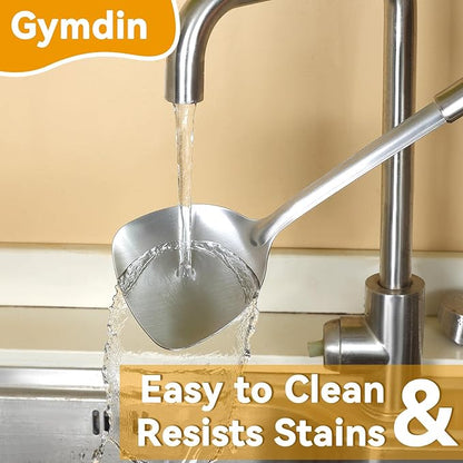 Gymdin Stainless Steel Kitchen Cooking Utensils Set of 7 - Kitchen Utensils with Hanging Rack, Spatula, Slotted Turner, Soup Ladle, Slotted Spoon, Whisk, Pasta Server, Holder, Dishwasher Safe