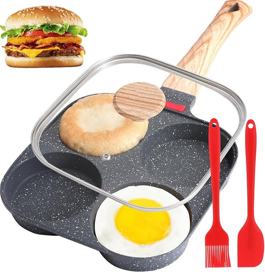 4-Cup Egg Pan, Premium Egg Pans Nonstick, Omelette Pan with Lid , Healthy Egg Frying Pan for Breakfast, Egg Sandwich, Hamburger, Pancake, Egg Skillet Suitable for Gas Stove & Induction Cookware