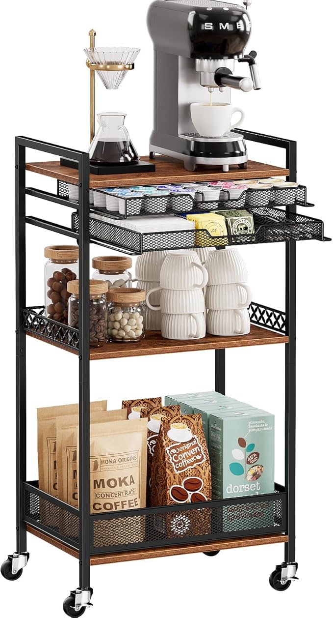 Plaviya K Cup Holder Coffee Cart, 5 Tier Coffee Station Organizer with Wheels, Coffee Pod Holder Coffee Bar Organizer Accessories, Multi-Functional Cart for Living Room, Kitchen, Breakfast Nook