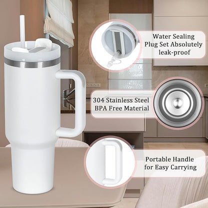 4 Pack 40 Oz Tumbler with Handle Bulk, Double Wall Vacuum Insulated Stainless Steel Tumbler with Lid and Straw, 40 oz cup with Silicone Spill Proof Stopper Set (White)
