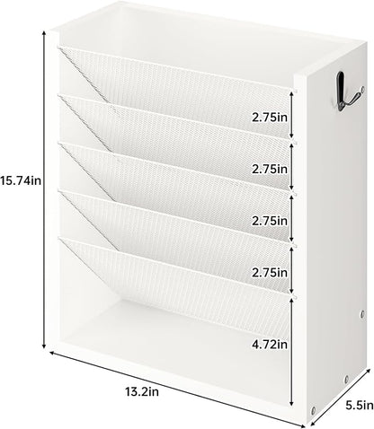 Creso hom Mail Organizer Wall Mounted, 6-Tier Wall File Organizer with 2 Hooks, Wooden Desk Organizer Magazine Holder with Bottom Flat Tray, for Office Home, White