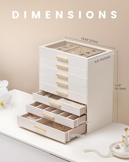 Lolalet Jewelry Box Organizer, 8-Layer Jewelry Organizers and Storage Case with Glass Lid, Ring Earring Bracelet Necklace Holder Organizer, Birthday Valentine Gifts for Women Girls -8Layer, Beige