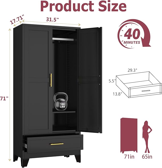 Steel Armoire Wardrobe Closet, 71" Household Wardrobe Cabinet with 2 Doors, 1 Adjustable Shelf and 1 Drawers, Metal Clothing Storage Cabinet with Hanging Rod for Bedroom, Cloak Room,Gym(Black)