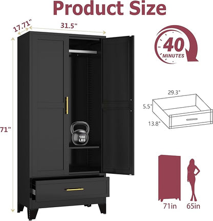 Steel Armoire Wardrobe Closet, 71" Household Wardrobe Cabinet with 2 Doors, 1 Adjustable Shelf and 1 Drawers, Metal Clothing Storage Cabinet with Hanging Rod for Bedroom, Cloak Room,Gym(Black)