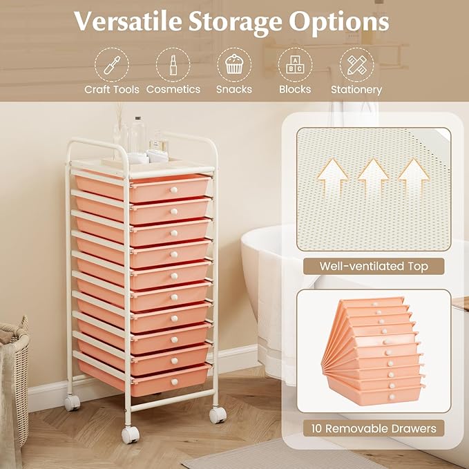 RELAX4LIFE 10 Drawer Rolling Cart - Slim Storage Cart w/Lockable Wheels for Classroom School Teacher Office, Art Supplies Paper Scrapbook Craft Organizers, Utility Cart with Drawers (Peach Pink)