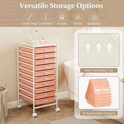 RELAX4LIFE 10 Drawer Rolling Cart - Slim Storage Cart w/Lockable Wheels for Classroom School Teacher Office, Art Supplies Paper Scrapbook Craft Organizers, Utility Cart with Drawers (Peach Pink)