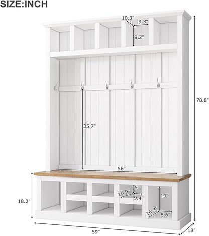Merax Wood Farmhouse Hall Tree with Storage Entryway Bench, 3-in-1 Coat Racks with 6 Hooks &Shelves for Entrance, Hallway, Mudroom,White