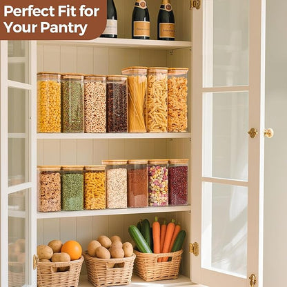 ComSaf 1.6 Qt Square Glass Jars with Bamboo Lids Set of 3, Space-Saving Glass Pantry Storage Containers, Airtight Clear Glass Storage Containers with Wide 3.9" Mouth for Coffee, Sugar, Short Pasta
