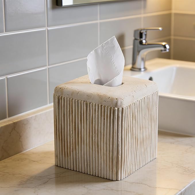 Natural Travertine Texture Striped Square Tissue Box Cover Decorative,Resin Heavy Sturdy Tissue Box Holder, Facial Paper Holder for Bathroom Vanity Countertop, Bedroom Night Stand,Office and End Table