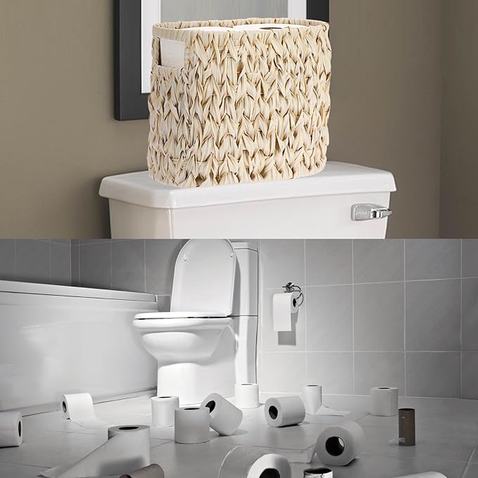 Sumnacon Toilet Paper Storage Basket Freestanding, Wicker Toilet Paper Holder Stand with Handle, Decorative Narrow Bathroom Baskets Sturdy Plastic Organizer Bin for Tissue Rolls, Toiletries, Towels
