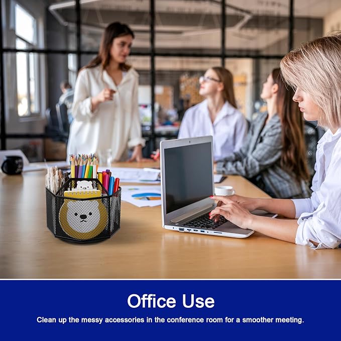 Comix 360° Rotating Pen Holder for Desk, 5 Compartments Office Desk Organizer, Black Mesh Metal Pencil Holder Cup for Office Home School