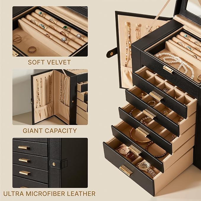 Large Leather Jewelry Box Organizer 6 layer Jewelry Storage Case for Women Girls Ring Necklace Earring Bracelet Holder with Mirror Christmas Gift(Black)