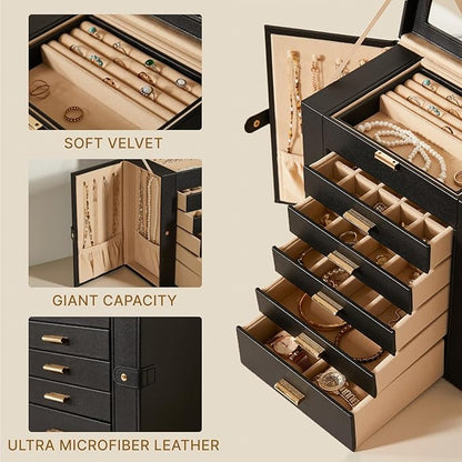 Large Leather Jewelry Box Organizer 6 layer Jewelry Storage Case for Women Girls Ring Necklace Earring Bracelet Holder with Mirror Christmas Gift(Black)