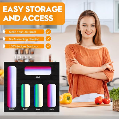 Bamboo Ziplock Bag Storage Organizer for Drawer -Black, 5 in 1 Baggie Organizer with 24 Labels - Fits Gallon, Quart, Sandwich & Snack Bags - Wall Mountable Kitchen Drawer Organizer