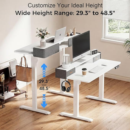 Electric Standing Desk with Drawers, 55 Inch Height Adjustable Desk with Power Outlets & LED Lights, Sit Stand Table with Monitor Stand for Home, Office, White