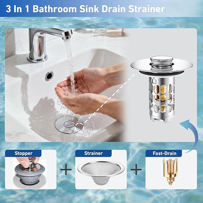 3 in 1 Bathroom Sink Stopper, Pop-up Bathroom Sink Drain Strainer with Removable Brass Basket Catcher, Easy to Clean Drain Catcher, Universal Sink Plug for 1.1 to 1.6in Drain Hole (2 Pack, Silver)